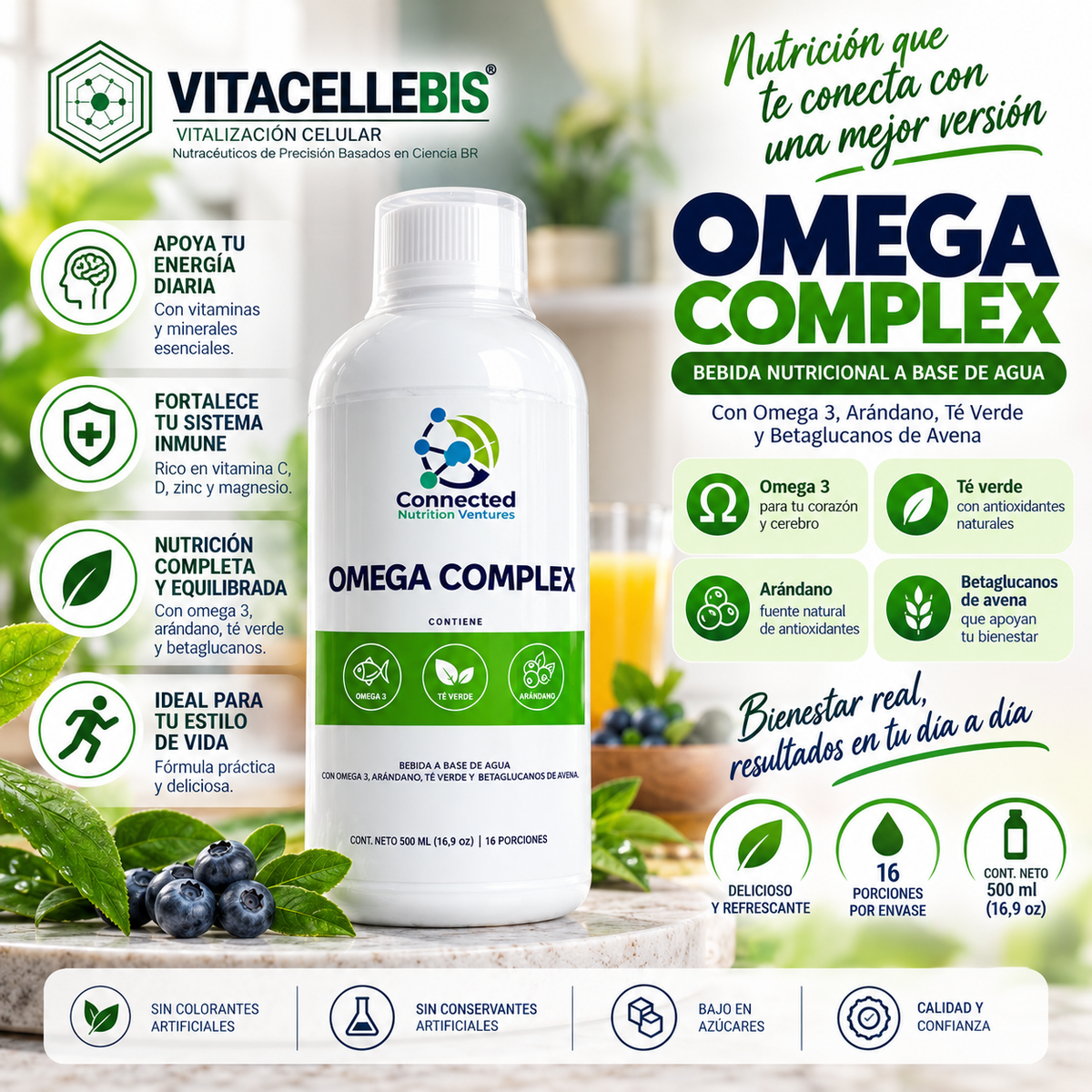 Omega Complex – Bebida Nutricional con Omega 3, Arándano y Té Verde 500 ml